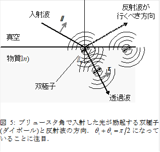  

図5: ブリュースタ角で入射した光が励起する双極子(ダイポール)と反射波の方向． になっていることに注目．
